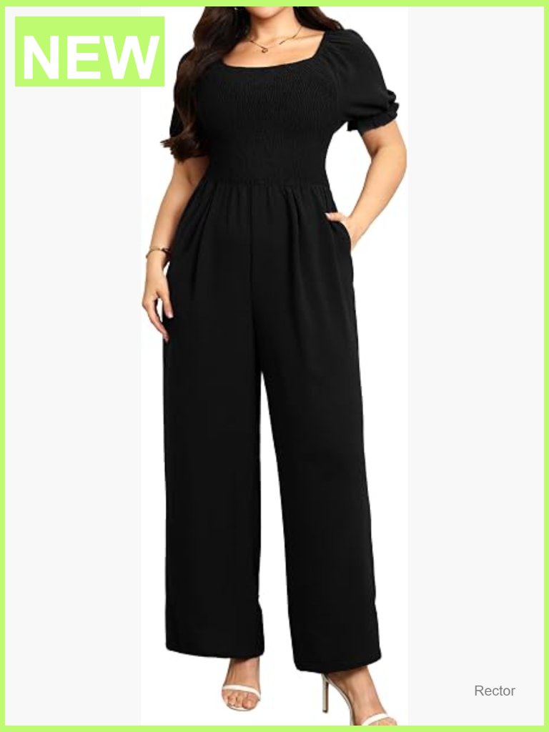 Plus Size Smocked Wide Leg Jumpsuit Short Sleeve Ruffle With Pockets